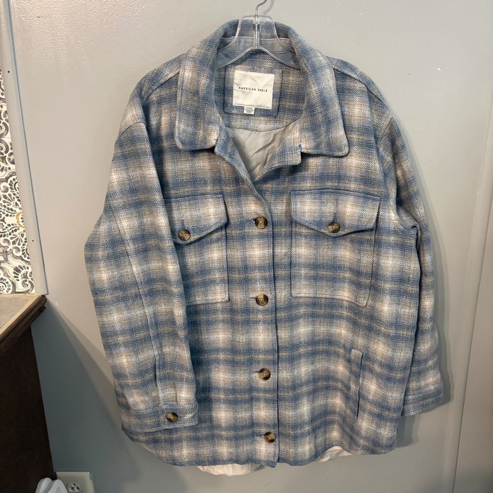 AMERICAN EAGLE Plaid Oversized Jacket Blue Grey (Women's XL)‎